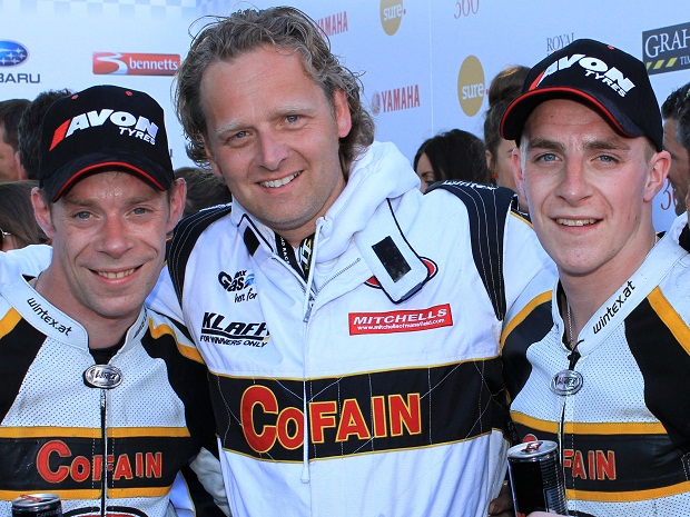Three-times Isle of Man TT winner Klaus Klaffenbock with the Birchall brothers Ben and Tom
